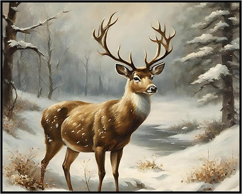 Posterizer 1 pcs-majestic deer in snowy winter scene-oil painting style-10-Art for Animal Lovers-Landscape & Nature Art-Decor for Home & Office- u...
