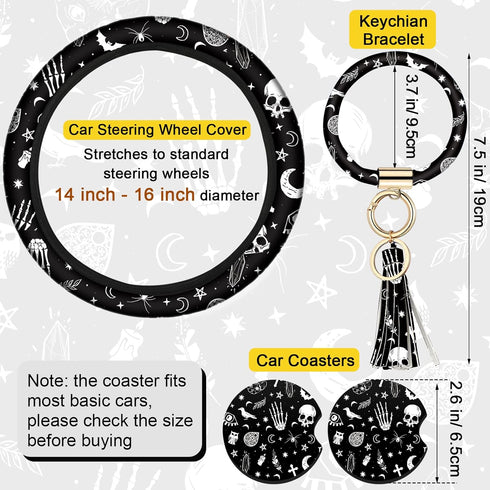 4 Pieces Black Moons White Stars Print Car Accessories Set Black Moons White Stars Steering Wheel Cover with 2 Pieces Car Cup Holder and Leather K...
