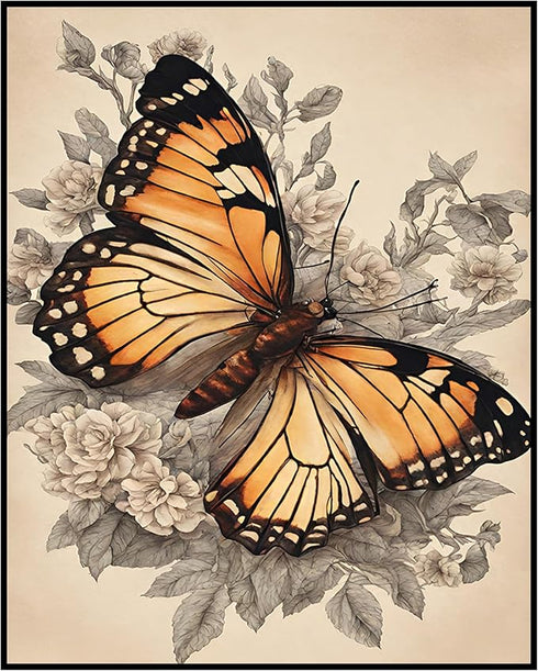 Posterizer 1 pcs- Orange butterfly with flowers-Art for Animal Lovers- Gift for Men Women Entrepreneur Teens-Living Room Bedroom Decor- unframed w...