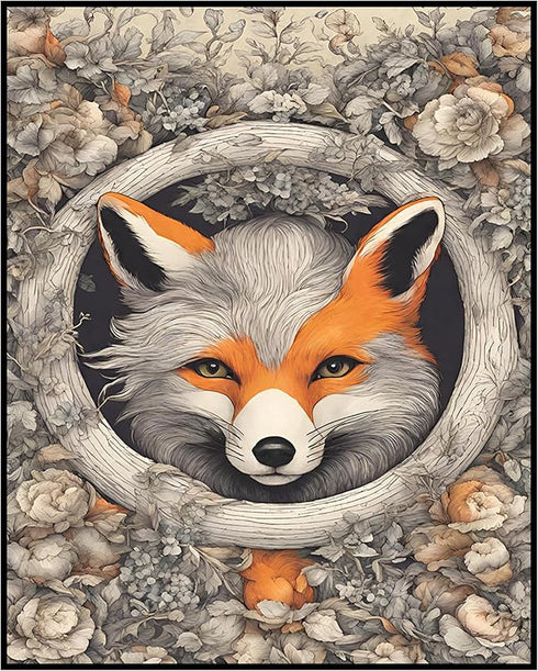 Posterizer 1 pcs- Red and gray fox in a circular frame next to flowers-Art for Animal Lovers-Abstract & Modern Art- Gift for Men Women Teens-Livin...
