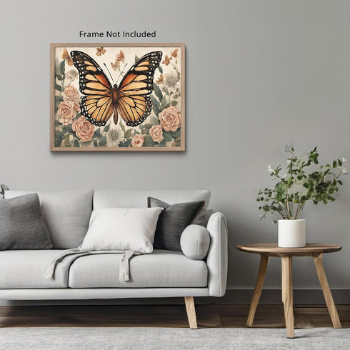 Posterizer 1 pcs- Beautiful brown butterfly next to wild Pink flowers-Art for Animal Lovers-Floral Botanical Art- Gift for Men Women Teens-Living ...