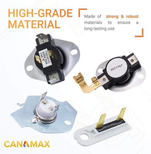 Canamax Complete 3977393 Thermal Cut-Off Switch 3977767 High-Limit Thermostat 3392519 Thermal Fuse 3387134 Cycling Thermostat Dryer Kit Premium Replacement - Fit for Whirlpool Kenmore Models