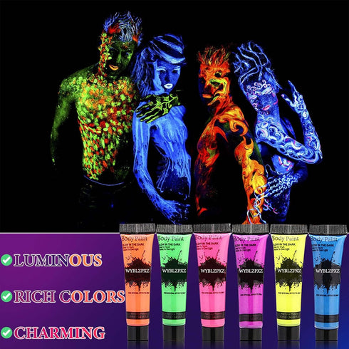 6 Pcs Glow in Dark Face Body Paint,Black Light Glow Makeup Set Neon Fluorescent,Glow Blacklight Body Face Paint Set Face Painting for Music Festiv...