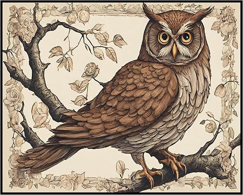 Posterizer 1 pcs- Brown owl sitting on a tree with brown background-Art for Animal Lovers-Floral Botanical Art- Gift for Men Women Teens-Living Ro...