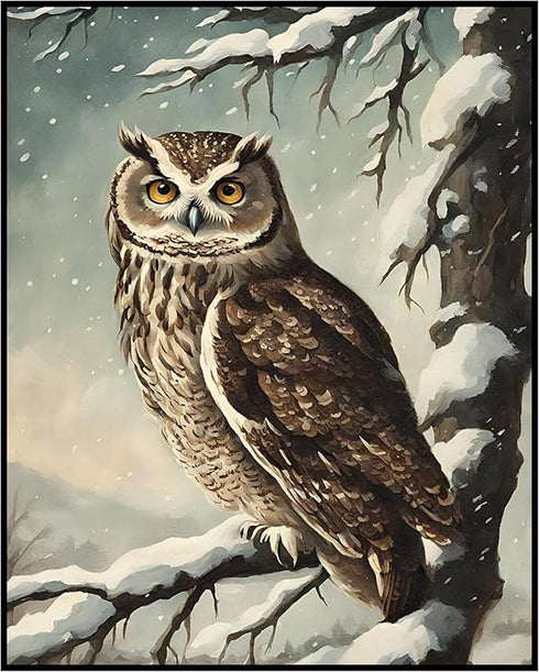 Posterizer 1 pcs-owl in nature-winter snowy scene in oil painting style-9-Art for Animal Lovers-Landscape & Nature Art-Decor for Home & Office- un...