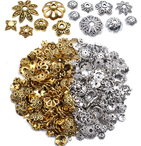 100g (200-350pcs) Mixed Metal Flower Bead Caps Spacer Beads Bali Style Jewelry Findings for DIY Crafting Jewelry Making, Antique Gold and Antique ...