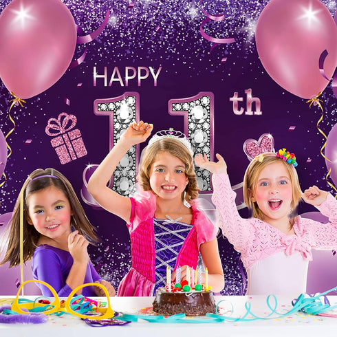 Happy Birthday Party Decorations, Large Fabric Happy 11th Anniversary Birthday Backdrop Photo Booth Background with Rope for Girls Birthday Party ...