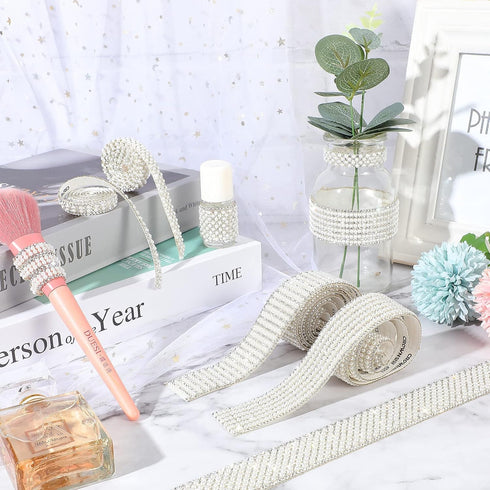 WILLBOND 6 Rolls 5.28 Yards Pearl Diamond Ribbon Rhinestones for Crafts White Self Adhesive Faux Crystal Stickers for Wedding Birthday Party Art C...