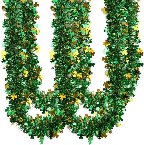 CCINEE 33FT St.Patrick's Day Tinsel Garland,Shamrock Clover Green Gold Metallic Garland for Irish Party Home Decoration...