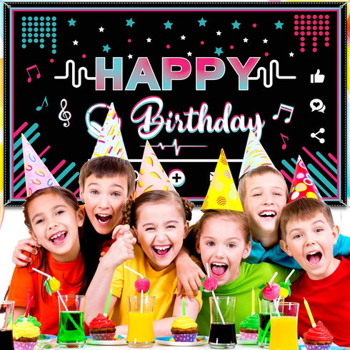 Music Happy Birthday Party Backdrop Musical Social Media Birthday Party Supplies Social Media Photography Background Large Fabric Banner for Teens...