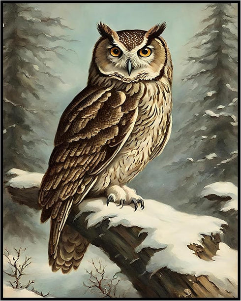 Posterizer 1 pcs-owl in nature-winter snowy scene in oil painting style-11-Art for Animal Lovers-Landscape & Nature Art-Decor for Home & Office- u...
