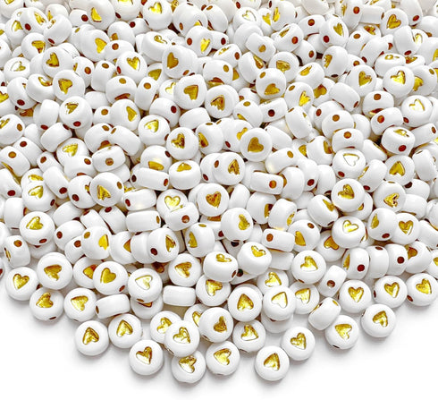 600pcs White Gold Acrylic Heart Beads Kit,4x7mm Gold Heart Shaped Beads Flat Round Spacer Beads Plastic Loose Beads for Jewelry Making,DIY Bracele...