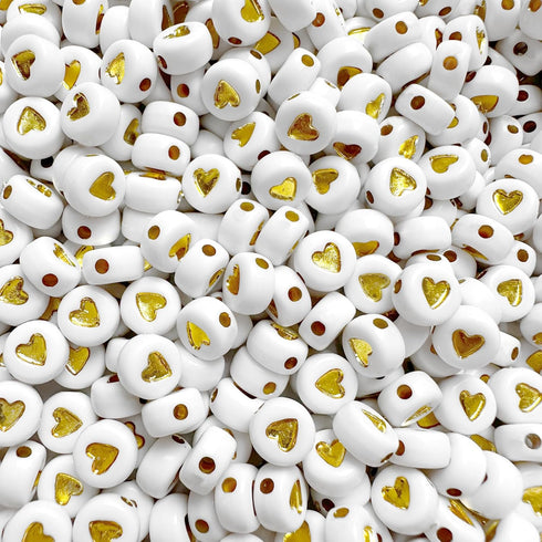 600pcs White Gold Acrylic Heart Beads Kit,4x7mm Gold Heart Shaped Beads Flat Round Spacer Beads Plastic Loose Beads for Jewelry Making,DIY Bracele...