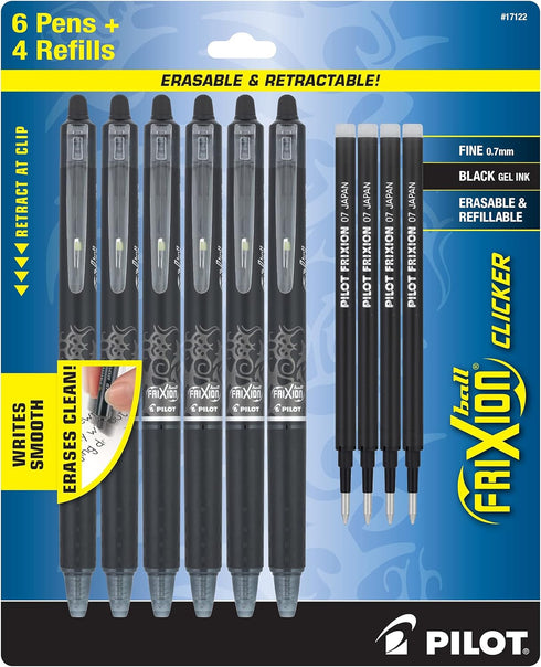 Pilot Frixion Erasable Pens - 6 Pack of Black Ink Pens + 4 Bonus Refills - Clicker Retractable Gel Ink Pen - Fine Point 0.7 mm Used for Rocketbook...
