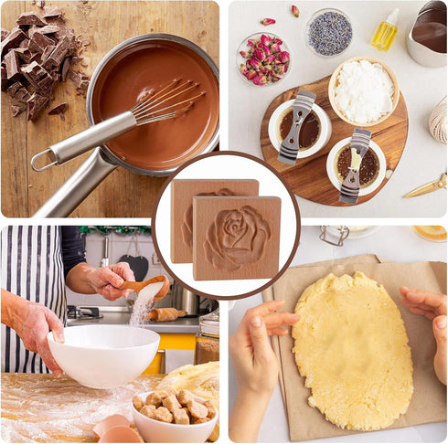 2 Pcs Wooden Cookie Cutter Embossing Mold - Rose Cookie Mold, Rose Cookie Stamp, 3D Carved Wooden Cookie Molds, Cookie Stamps for Baking Cookies D...