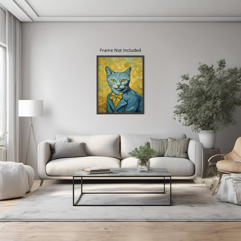 Posterizer 1 pcs- Blue cat with clothes on and a yellow background-Art for Animal Lovers-Comedy Art- Gift for Men Women Entrepreneur Teens-Decor f...