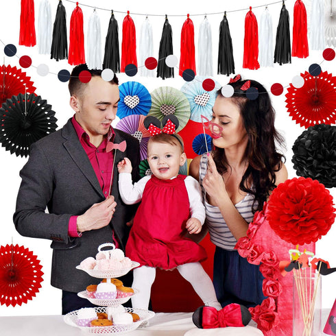 WILLBOND 29 Pcs Red and Black Decorations Mouse Paper Decoration Fan Pom Pom Honeycomb Flower Tissue Tassel Garland Theme Party Supplies for Gradu...