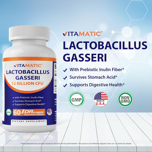 Vitamatic Lactobacillus Gasseri - 12 Billion per DR Capsule - 60 Count - Digestive Support - Made with Prebiotic Inulin Fiber...