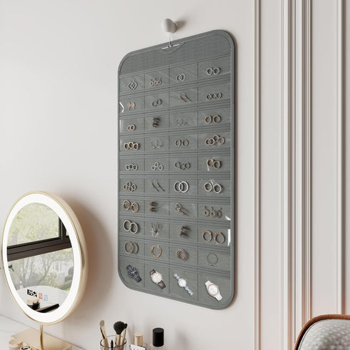 1-Pack Hanging Jewelry Organizer 80-Pocket Dual-sided Jewelry Storage for Jewelry Earring Necklace Bracelet Ring Storage Travel Holder, Gray...