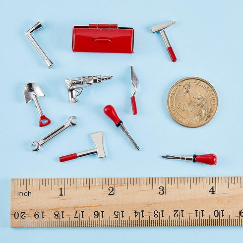 10 Pieces Mini Dollhouse Tool Set Mini Doll House Repair Multi Tool Include A Red Tin Box, 4 Outdoor Tools and 5 Repair Tools, Funny Mini Party Do...