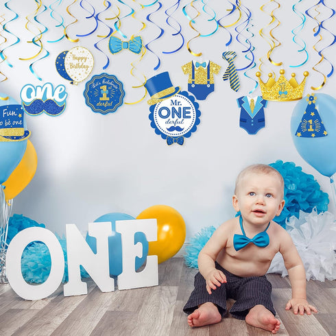 30 Pieces Mr Onederful Boys 1st Birthday Decorations, Blue and Gold Baby 1st Birthday Party Hanging Foil Swirls Ceiling Mustache Toppers Sign Deco...