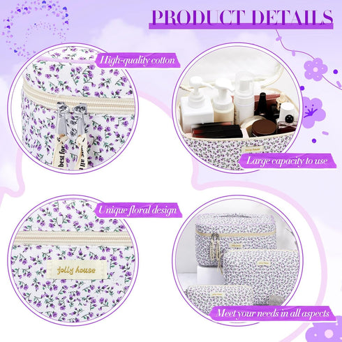 3 Pcs Quilted Makeup Bag Large Cosmetic Bag Floral Makeup Bag Travel Aesthetic Cute Kawaii Toiletry Cosmetic Pouch with Zipper for Women Gifts Hom...