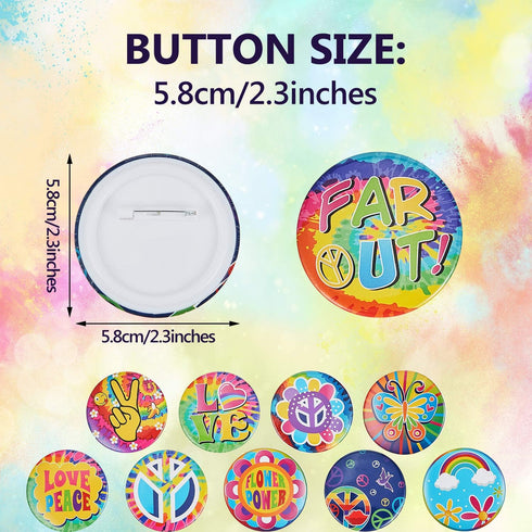 30 Pieces Hippie 60's Party Button Pin Retro 60s Button Pin for Hippie Costume Accessory...