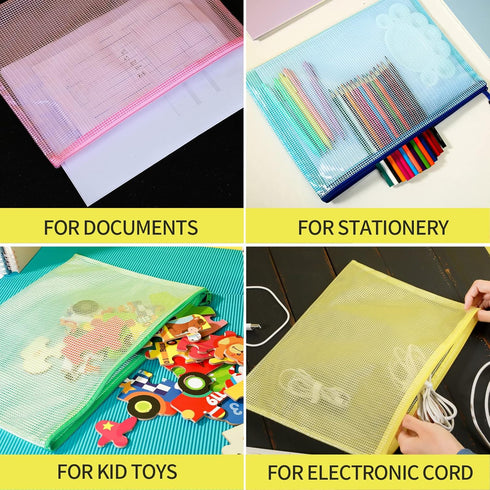 LEOBRO 4 Pack Mesh Zipper Pouch, 13.2"x 9.2" A4 Letter Size Mesh Bags with Zipper, Plastic Envelopes Zip File Document Bags, Storage Bags for Orga...