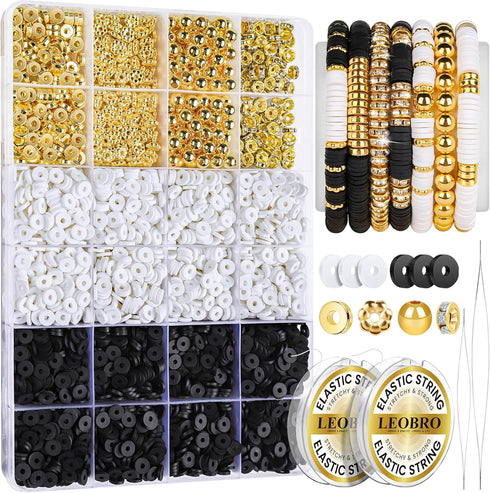 LEOBRO Clay Beads Bracelet Making Kit, 3524pcs White Black Clay Beads for Bracelets, Bead Bracelet Kits, Clay Bead & Gold Beads for Friendship Bra...