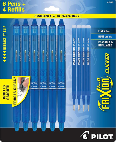 Pilot Frixion Erasable Pens - 6 Pack of Blue Ink Pens + 4 Bonus Refills - Frixion Clicker Erasable Pens Retractable Gel Ink Pen - Fine Point 0.7 m...