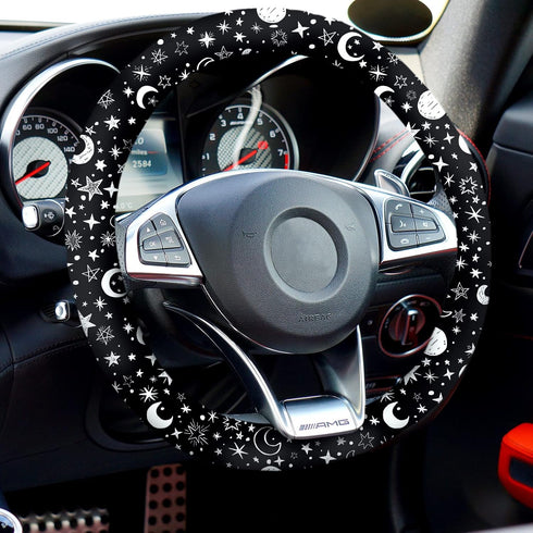 4 Pieces Black Moons White Stars Print Car Accessories Set Black Moons White Stars Steering Wheel Cover with 2 Pieces Car Cup Mats and Leather Key...