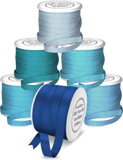 New 7mm Size ThreadNanny 6 Spools of 100% Pure Silk Ribbons - Blue Tones - 60 Meters x 7mm...