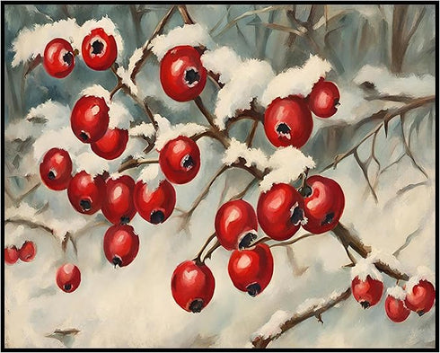 Posterizer 1 pcs-berries in snowy winter scene-oil painting style -5-Art for Animal Lovers-Landscape & Nature Art-Decor for Home & Office- unframe...