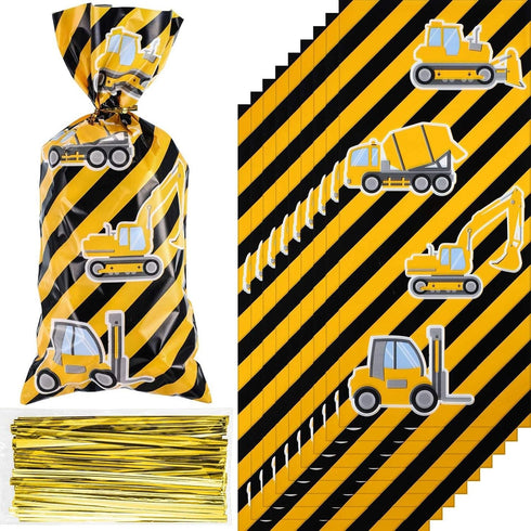 Gejoy 100 Pieces Construction Party Favor Bags Truck Themed Candy Treat Gift Construction Theme Cellophane Bags with 100 Pieces Golden Twist Ties ...