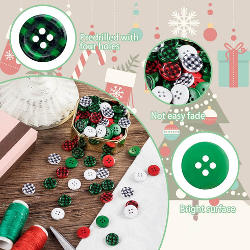 PAGOW 210Pcs Christmas Wooden Buttons, Buffalo Plaid Round Black Red White Green Buttons, 4 Holes Plaid Craft Buttons Bulk for Sewing DIY Decorati...