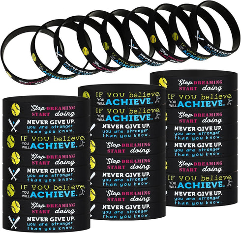 Sumind 36 Pcs Softball Motivational Bracelets Softball Themed Inspirational Stretch Silicone Rubber Wristbands with Motivational Sayings for Sport...