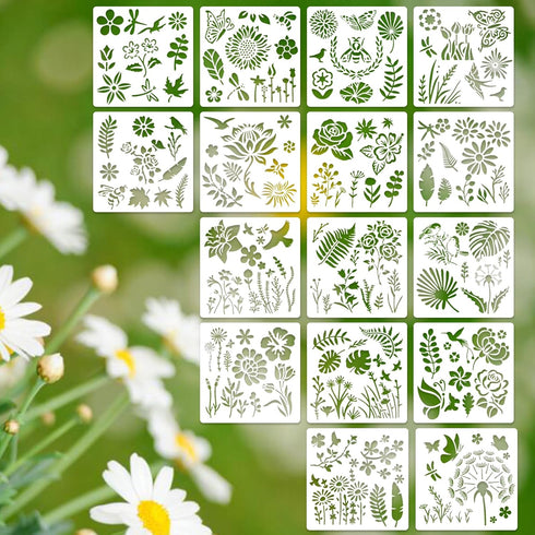 16 Sets Flower Stencils for Painting on Wood, 168 pcs Small Plants Including Flower Grass Birds Butterfly Bee Reusable Templates for Scrapbooking ...