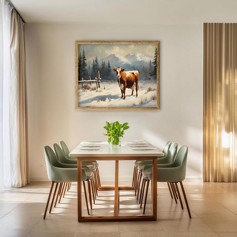 Posterizer 1 pcs-cute cow in snowy winter scene-oil painting style-1-Art for Animal Lovers-Landscape & Nature Art-Decor for Home & Office- unframe...