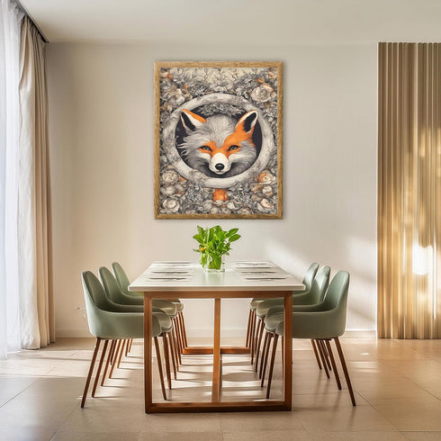 Posterizer 1 pcs- Red and gray fox in a circular frame next to flowers-Art for Animal Lovers-Abstract & Modern Art- Gift for Men Women Teens-Livin...
