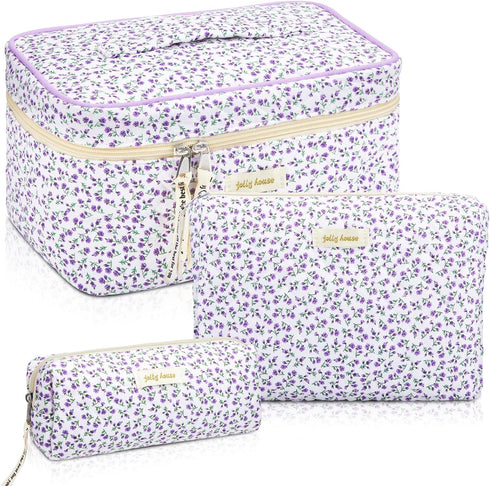 3 Pcs Quilted Makeup Bag Large Cosmetic Bag Floral Makeup Bag Travel Aesthetic Cute Kawaii Toiletry Cosmetic Pouch with Zipper for Women Gifts Hom...