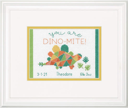 Dimensions 70-65210 Dino-Mite Baby Birth Record Counted Cross Stitch Kit, 14 White Aida, 7'' x 5'...