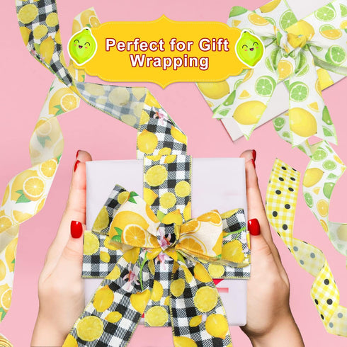CCINEE 4 Rolls Wired Edge Ribbons with Lemon,2.5 Inch×26 Yards Yellow Satin with Lemon Polka Dot Stripe Plaid Check for Wreath Floral Arrangements...