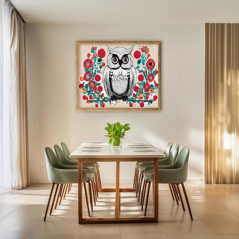 Posterizer 1 pcs- cute fluffy owl with abstract flowers-Art for Animal Lovers-Abstract & Modern Art- Living Room Bedroom Decor- unframed wall art...