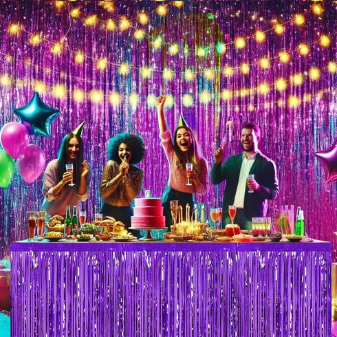 Allgala Purple Tinsel Table Skirt 2-Pack 29x108 Inch Metallic Foil Fringe Table Skirts for Party Event, Parade Float, Party Decoraton...