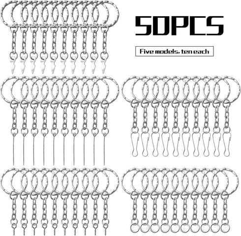 50pcs Silver Key Chain Rings Kit Flat Metal Split Key Rings with Chain and Jump Rings Key Chain Rings Accessories for Jewelry Key Rings Crafts Jew...