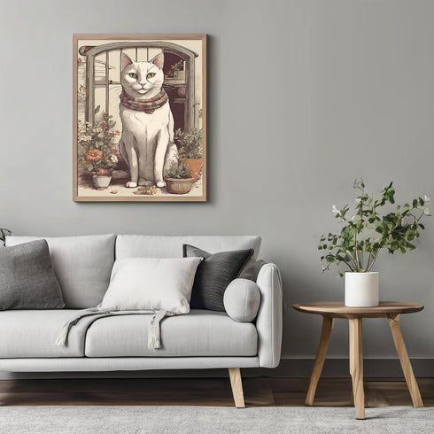 Posterizer 1 pcs- White cat sitting next to small pots-Art for Animal Lovers-Floral Botanical Art- Gift for Men Women Entrepreneur Teens-Living Ro...
