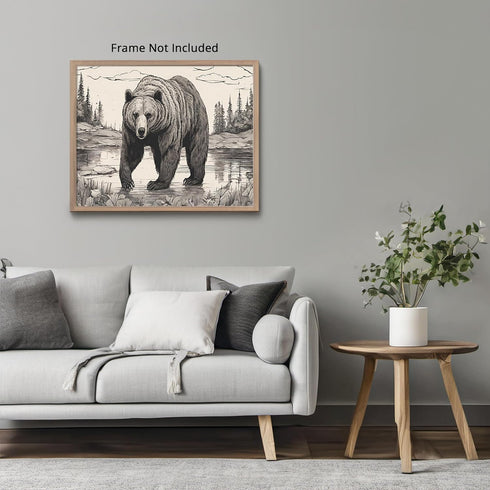 Posterizer 1 pcs- Black and white print of a Grizzly bear in nature-Art for Animal Lovers-Landscape Nature Art- Gift for Nature Beach Lovers-Decor...