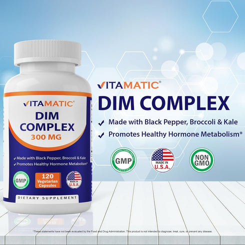 Vitamatic DIM Supplement Complex for Women & Men - 300mg - 120 Veg Capsules - Made with Black Pepper, Broccoli Powder & Kale Powder - Non-GMO & Gl...