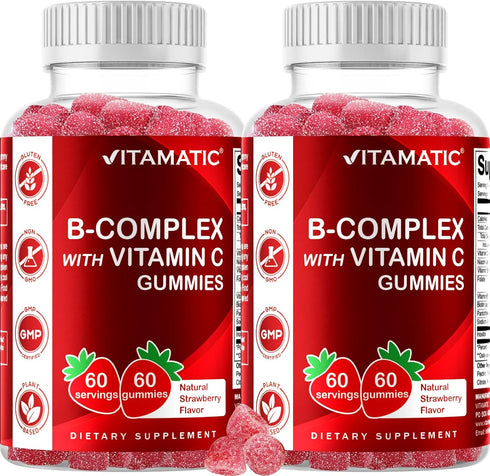 Vitamatic Vitamin B Complex Gummies with Vitamin C & Inositol - Natural Strawberry Flavor - 60 Gummies (2 Bottles)...