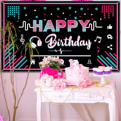 Music Happy Birthday Party Backdrop Musical Social Media Birthday Party Supplies Social Media Photography Background Large Fabric Banner for Teens...